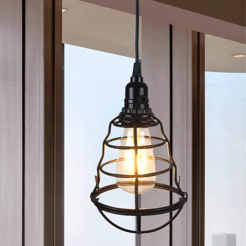 Retro Industrial 1-Head Hanging Lamp: Iron Wire Guard, Black Finish