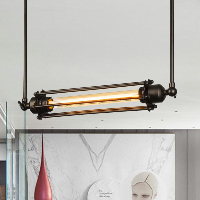 Retro Industrial Black Tube Cage Hanging Pendant Light with Iron Finish - Perfect for Dining Room