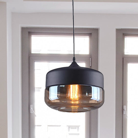 Industrial Cylinder Pendant Light with Brown Glass Shade - 1-Light Hanging Ceiling Fixture in Black, 5"/7"/8" Wide