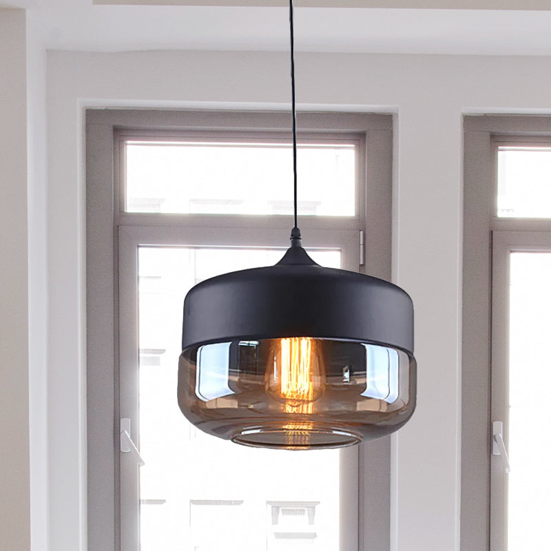 Cylinder Pendant Industrial Lighting - 1 Light Brown Glass Hanging Ceiling In Black 5/7/8 Wide