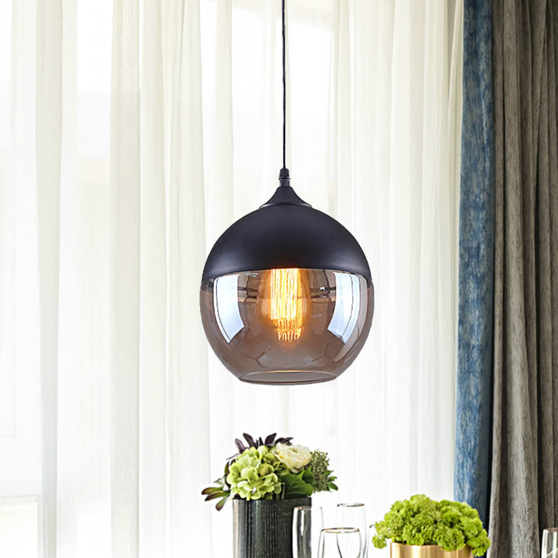 Industrial Cylinder Pendant Light with Brown Glass Shade - 1-Light Hanging Ceiling Fixture in Black, 5"/7"/8" Wide