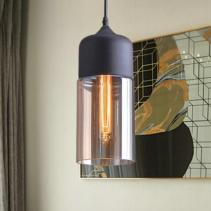 Industrial Cylinder Pendant Light with Brown Glass Shade - 1-Light Hanging Ceiling Fixture in Black, 5"/7"/8" Wide