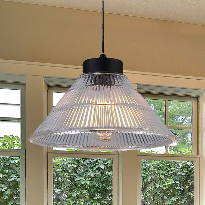 Farmhouse Ribbed Glass Cone Pendant Ceiling Light with Black/Brass Finish - Single-Bulb Hanging Lamp for Dining Room