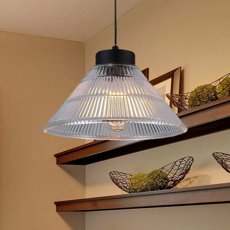 Farmhouse Ribbed Glass Cone Pendant Ceiling Light with Black/Brass Finish - Single-Bulb Hanging Lamp for Dining Room