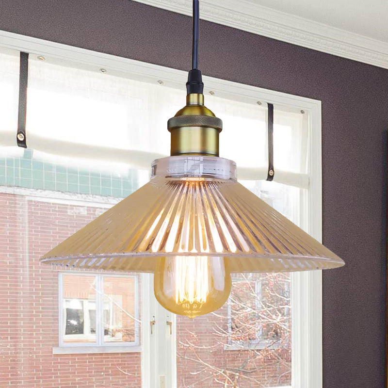 Industrial Cone Ribbed Glass Pendant Light In Black/Clear For Dining Room Ceiling