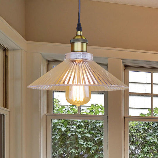 Industrial Cone Ribbed Glass Pendant Light In Black/Clear For Dining Room Ceiling