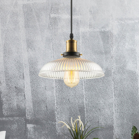 Industrial Dome-Shaped Ribbed Glass Pendant Light - 1-Light Ceiling Lamp For Coffee Shop In Brass