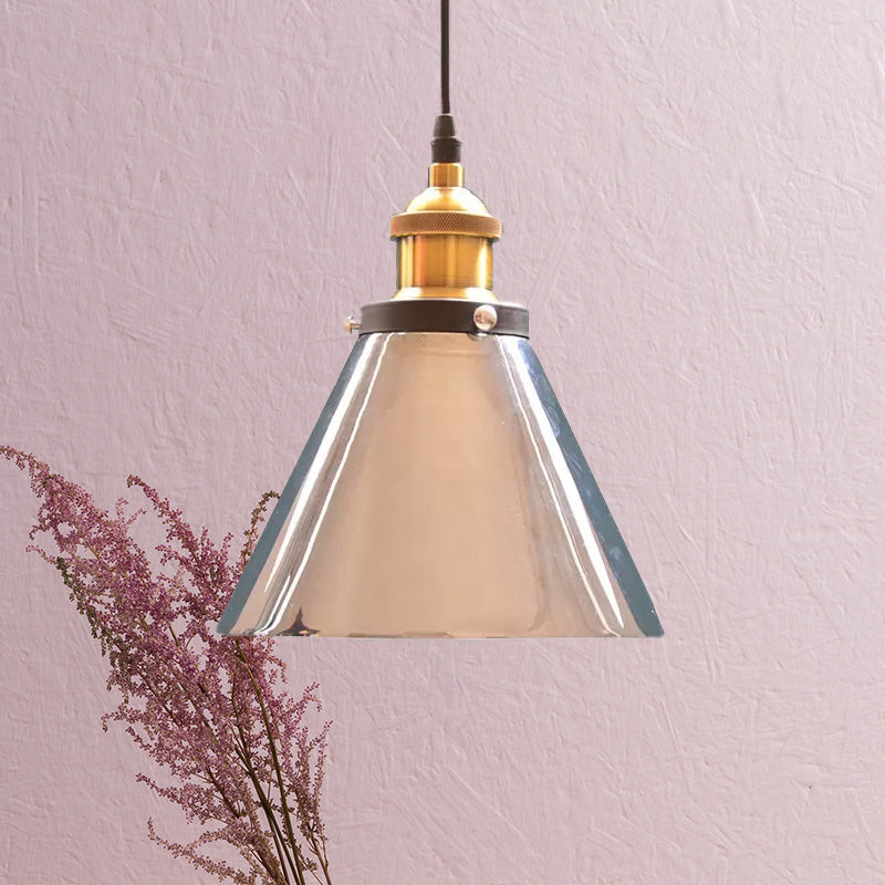 Brass Industrial Cone Pendant Light with Grey Glass for Living Room