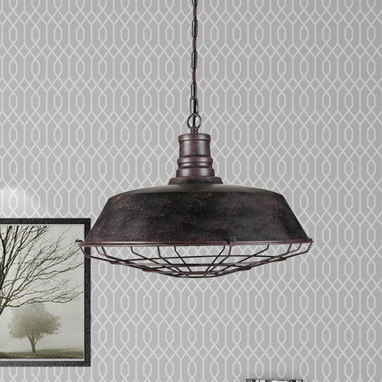 Rustic Wire Frame Hanging Light with Barn Shade - Wrought Iron Ceiling Fixture in Bronze