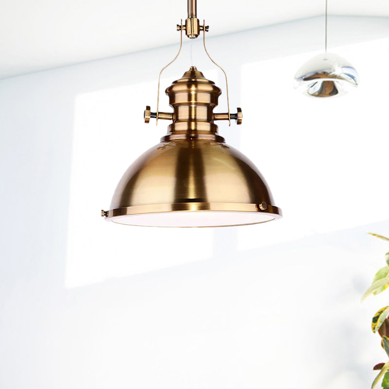 Antique Brass Pendant Light with Frosted Diffuser - Vintage Style Metal Dome Shade, 1-Light Hanging Lamp