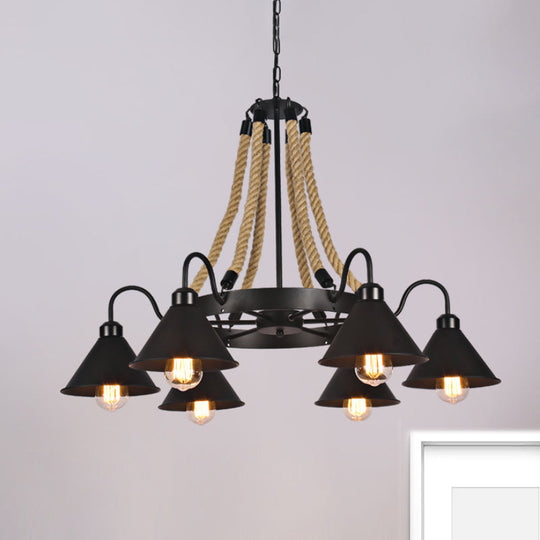 Farmhouse Metallic Cone Chandelier Lamp - 6/8 Lights Pendant Lighting with Rope Detail, Black