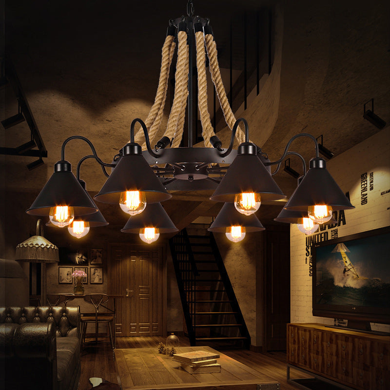 Black Rope Detail Metallic Cone Chandelier: 6/8-Light Farmhouse Restaurant Pendant Lighting