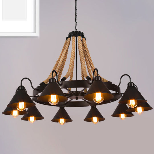 Black Rope Detail Metallic Cone Chandelier: 6/8-Light Farmhouse Restaurant Pendant Lighting