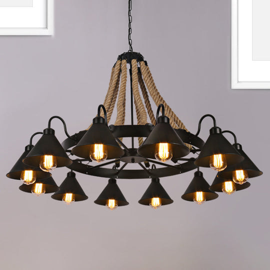 Farmhouse Metallic Cone Chandelier Lamp - 6/8 Lights Pendant Lighting with Rope Detail, Black