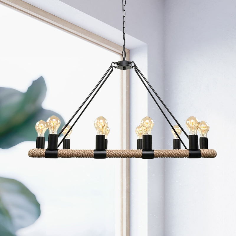 10 Bulbs Chandelier Lighting - Loft Style Rectangular Frame Pendant With Black Metal & Rope Detail