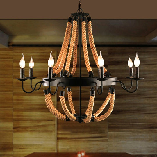 Metal Empire Chandelier - Lodge Style Pendant Lighting for Living Room with Rope Detail, 6/8 Lights, Black