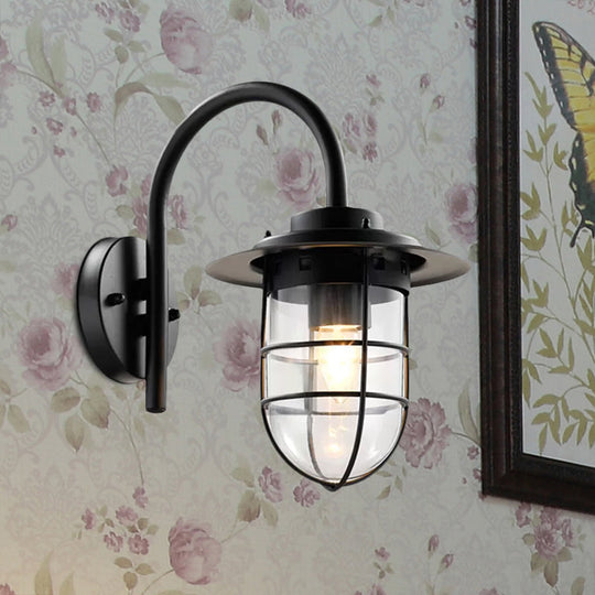 Coastal Black/Nickel Wall-Mounted Caged Light Fixture With Clear Glass Bulb For Living Room