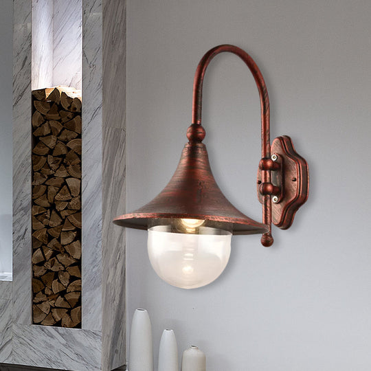 Industrial Flared Shade Metal Wall Lamp With Clear Glass Black/Rust Finish