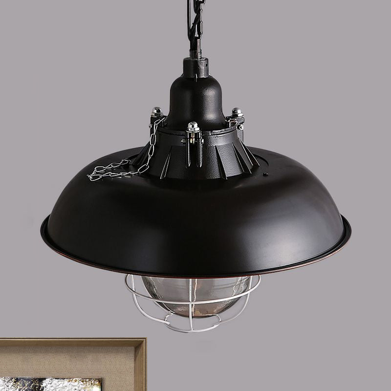 Industrial Black/Rust Metal and Glass Ceiling Light with Wire Cage - 1-Head Bowl Hanging Fixture for Restaurants