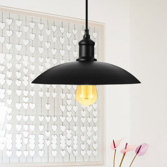 Metallic Loft Style Pendant Lamp with Saucer Shade for Living Room, Black/White - 12.5"/16" W