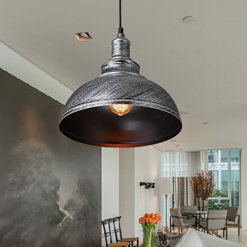 Adjustable Cord Pendant with Metal Dome Shade in Retro Black/Gray - 12"/14"/16" W