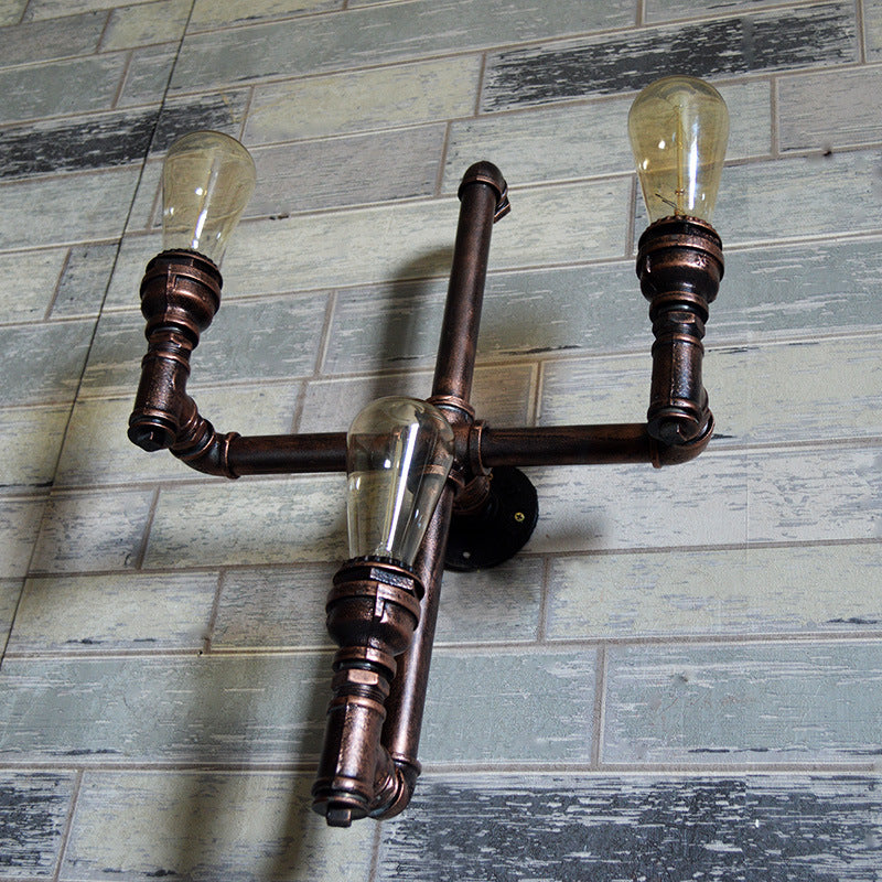 Rustic Vintage 3-Head Sconce Light: Bare Bulb Restaurant Wall Fixture With Plumbing Pipe Design