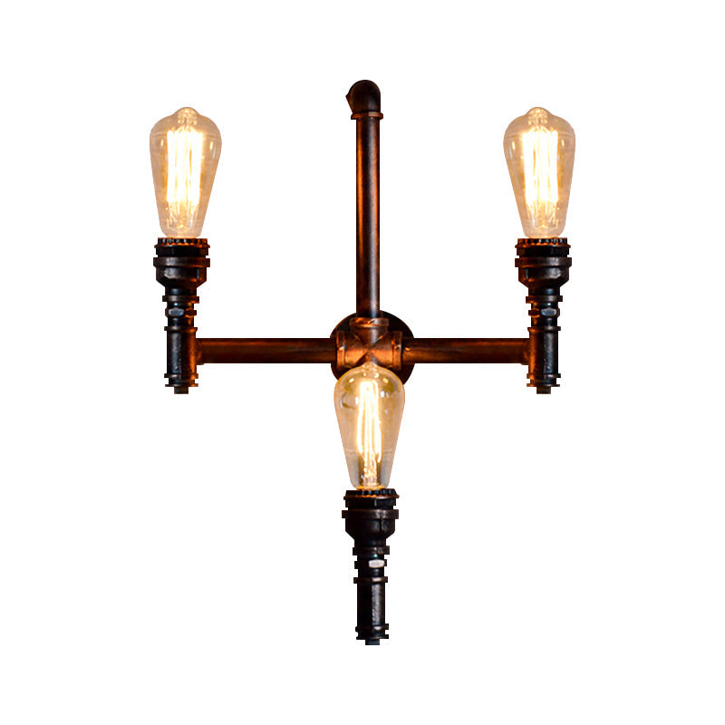 Rustic Vintage 3-Head Sconce Light: Bare Bulb Restaurant Wall Fixture With Plumbing Pipe Design