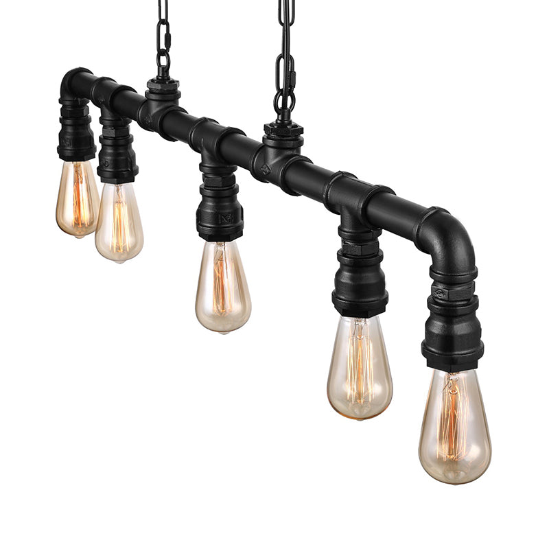 Farmhouse Style Linear Island Pendant Light With 5 Pipes In Black Metal