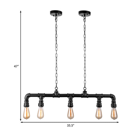 Farmhouse Style Linear Island Pendant Light With 5 Pipes In Black Metal