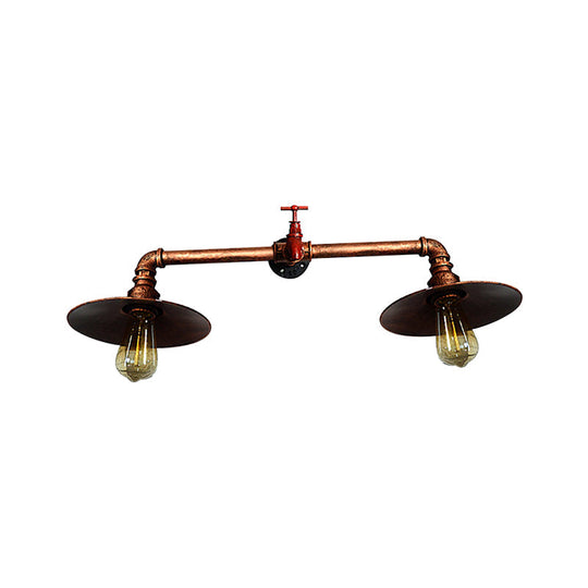 Industrial Dark Rust Metallic Sconce Wall Light With Water Tap - 2 Bulbs Flat Shade Perfect For