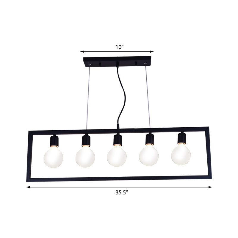 Industrial Style Rectangular Pendant Light With Black Metal Frame - 3/5 Lights Ceiling Hanging