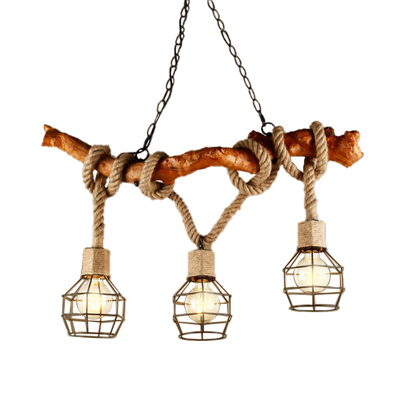 Rustic Metal And Rope Beige Island Pendant Light With 3 Lights Globe Cage