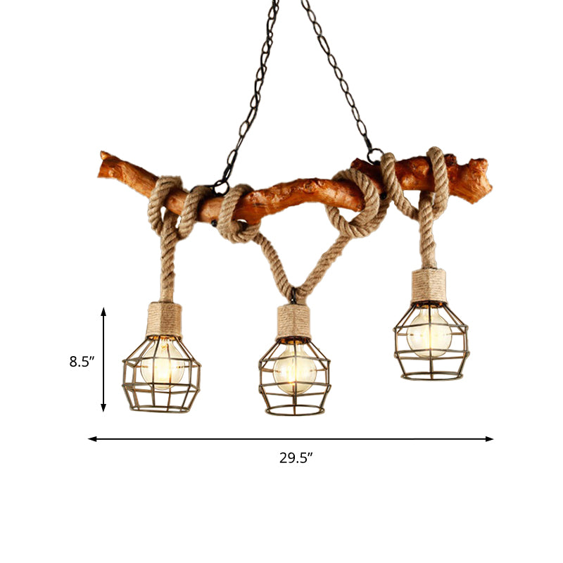 Rustic Metal And Rope Beige Island Pendant Light With 3 Lights Globe Cage