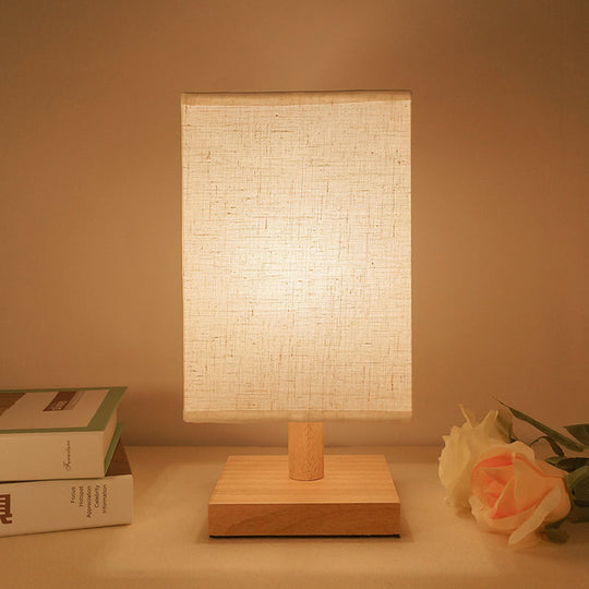 Country Style White Fabric Table Lamp With Wooden Base - Rectangular Shape Bedroom Lighting