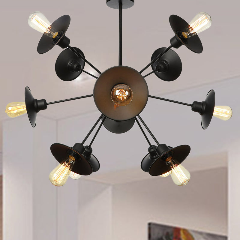 Sleek Black Flare Shade Chandelier - Factory Metal 9/12/15 Lights Elegant Ceiling Light With Sputnik