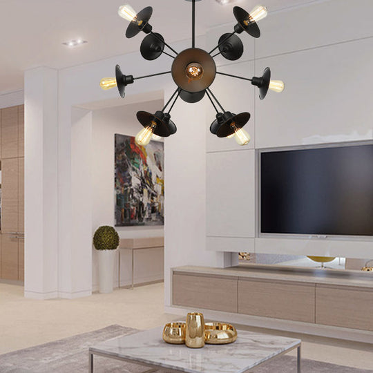 Modern Black Flare Shade Chandelier with Sputnik Design - 9/12/15 Light Fixture for Living Room Ceiling