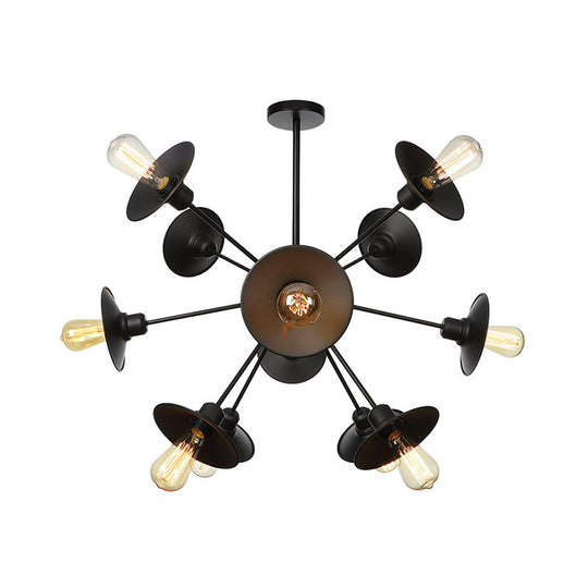 Sleek Black Flare Shade Chandelier - Factory Metal 9/12/15 Lights Elegant Ceiling Light With Sputnik