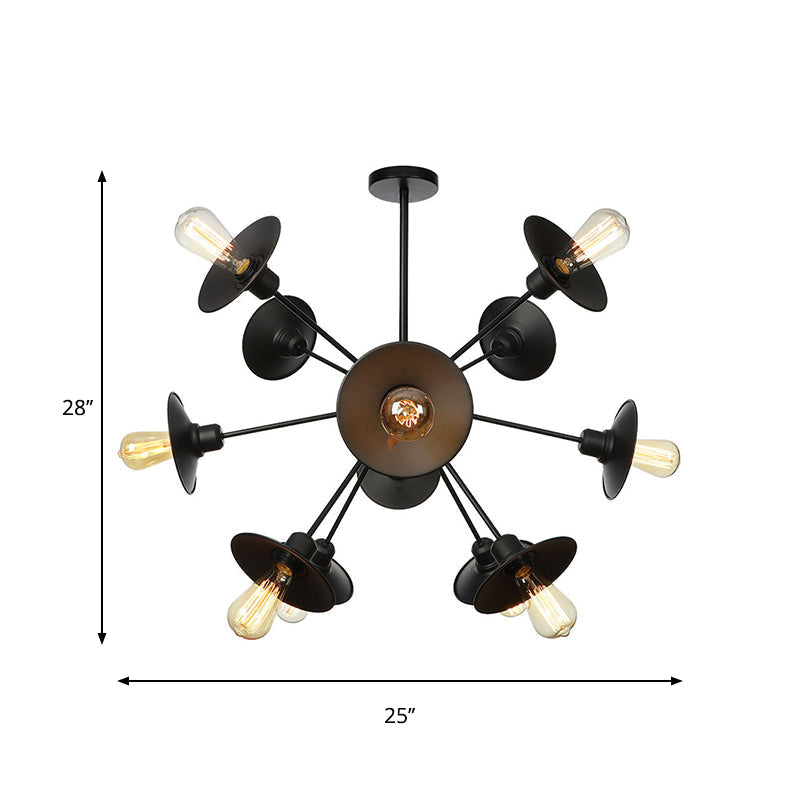 Sleek Black Flare Shade Chandelier - Factory Metal 9/12/15 Lights Elegant Ceiling Light With Sputnik