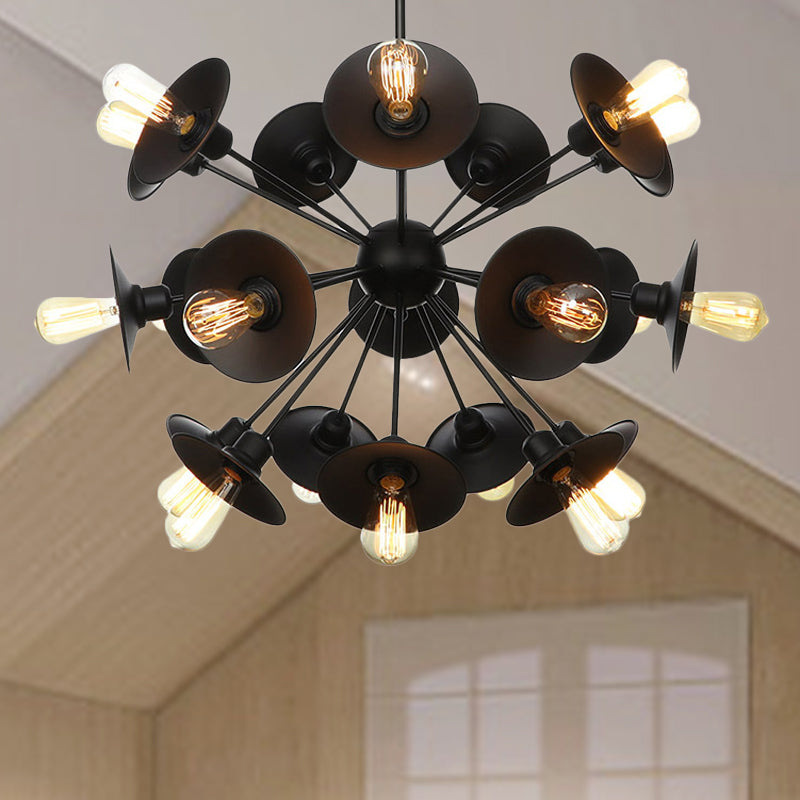 Sleek Black Flare Shade Chandelier - Factory Metal 9/12/15 Lights Elegant Ceiling Light With Sputnik