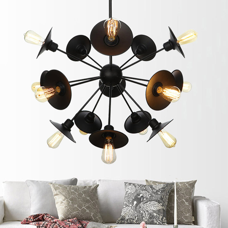 Sleek Black Flare Shade Chandelier - Factory Metal 9/12/15 Lights Elegant Ceiling Light With Sputnik