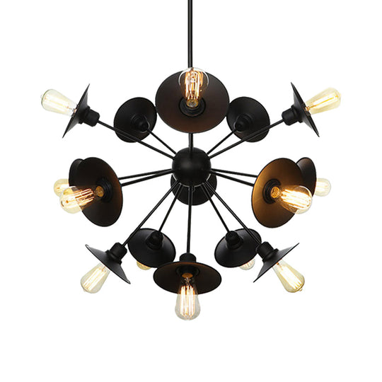 Sleek Black Flare Shade Chandelier - Factory Metal 9/12/15 Lights Elegant Ceiling Light With Sputnik