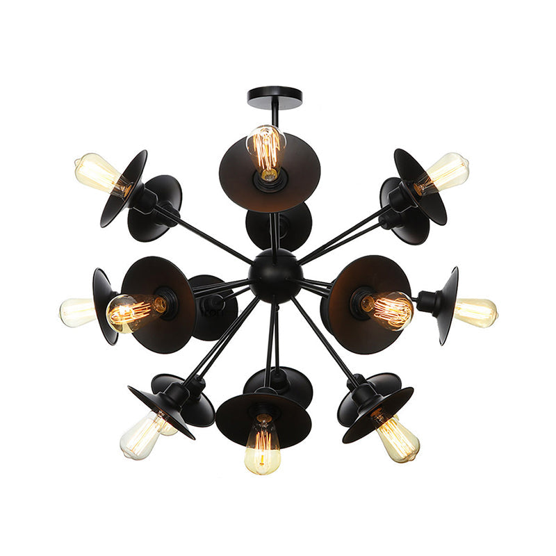 Sleek Black Flare Shade Chandelier - Factory Metal 9/12/15 Lights Elegant Ceiling Light With Sputnik