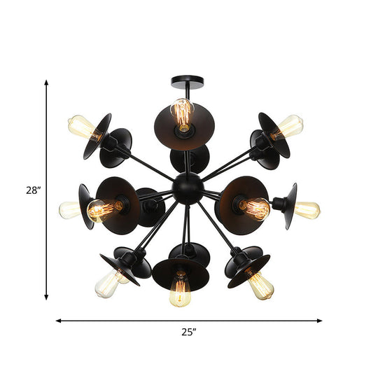 Sleek Black Flare Shade Chandelier - Factory Metal 9/12/15 Lights Elegant Ceiling Light With Sputnik