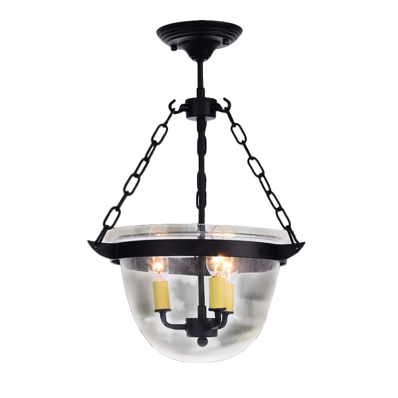 Industrial Clear Glass Chandelier Pendant Light - 3-Light Black Hanging Fixture for Dining Room with Domed Design and Chain