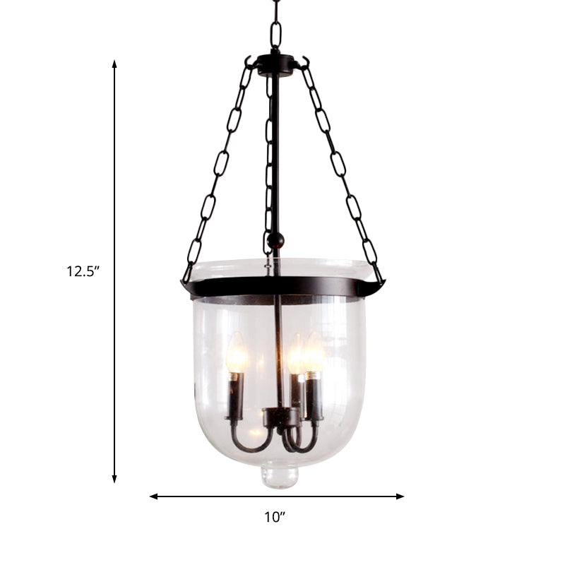 Industrial Clear Glass Chandelier Pendant Light - 3-Light Black Hanging Fixture for Dining Room with Domed Design and Chain