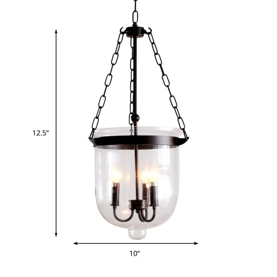 Industrial Clear Glass Chandelier Pendant Light - 3-Light Black Hanging Fixture for Dining Room with Domed Design and Chain