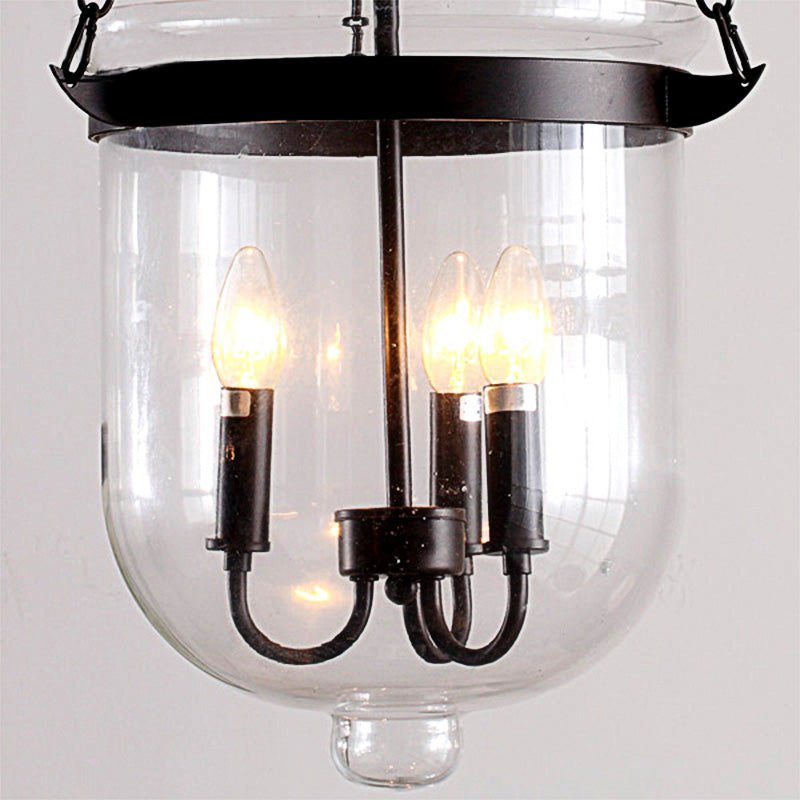 Industrial Clear Glass Chandelier Pendant Light - 3-Light Black Hanging Fixture for Dining Room with Domed Design and Chain