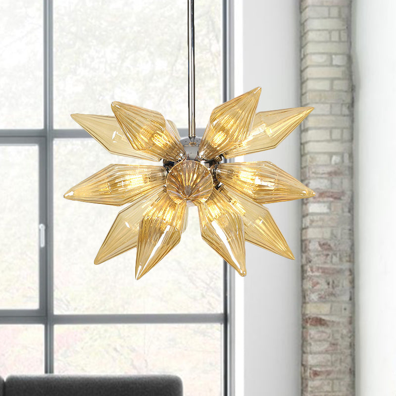 Diamond Clear/Amber Glass Chandelier - Industrial Kitchen Pendant Lighting Fixture (9/12/15 Heads) in Chrome/Gold