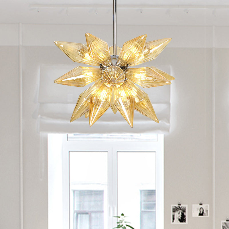 Diamond Clear/Amber Glass Chandelier - Industrial Kitchen Pendant Lighting Fixture (9/12/15 Heads) in Chrome/Gold