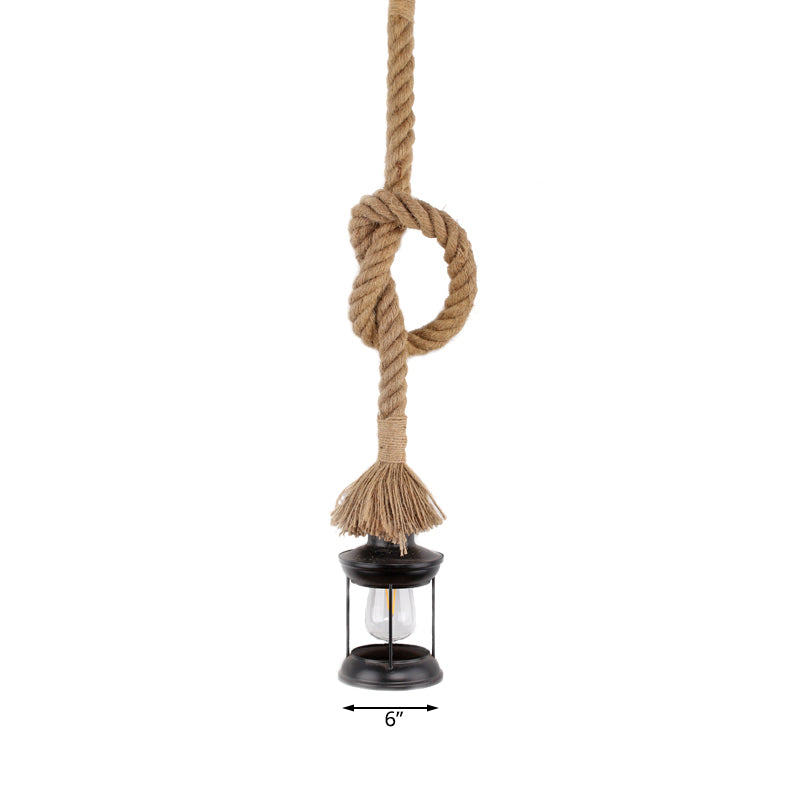 Suspension en fer avec abat-jour en corde réglable - Lampe suspendue à 1 lumière de style Lodge en noir pour les salons